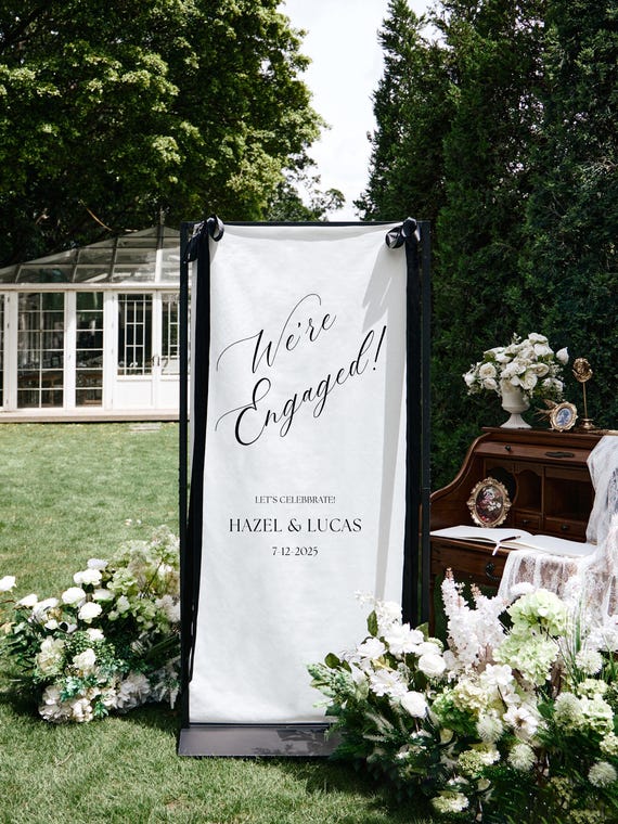 Fabric Engagement Sign, Custom Welcome Banner, Rustic Garden Party Decor, Personalized Couple Celebration