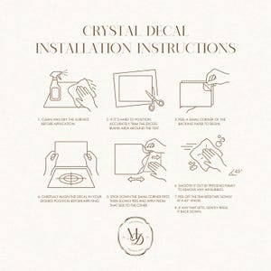May include: A beige graphic with instructions for applying a crystal decal. The steps include cleaning the surface, trimming excess blank area, peeling the backing, aligning the decal, sticking a corner, smoothing, and removing the tape.