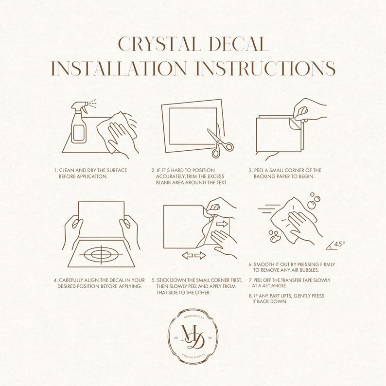 May include: A beige graphic with instructions for applying a crystal decal. The steps include cleaning the surface, trimming excess blank area, peeling the backing, aligning the decal, sticking a corner, smoothing, and removing the tape.