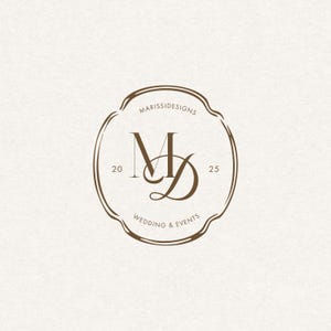 May include: A brown logo design on a cream background. The logo features the letters "MD" in a stylized font within a circular frame. The text "MARISSIDESIGNS" is at the top, and "WEDDING & EVENTS" at the bottom. The numbers "20" and "25" flank the logo.
