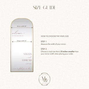 May include: A size guide for a wedding mirror decal. The guide shows a mirror with a 28-inch width and a design width of 26 inches. Instructions are provided on how to choose the vinyl size, with the names Vivian and Edmund and the date 03.09.2026.