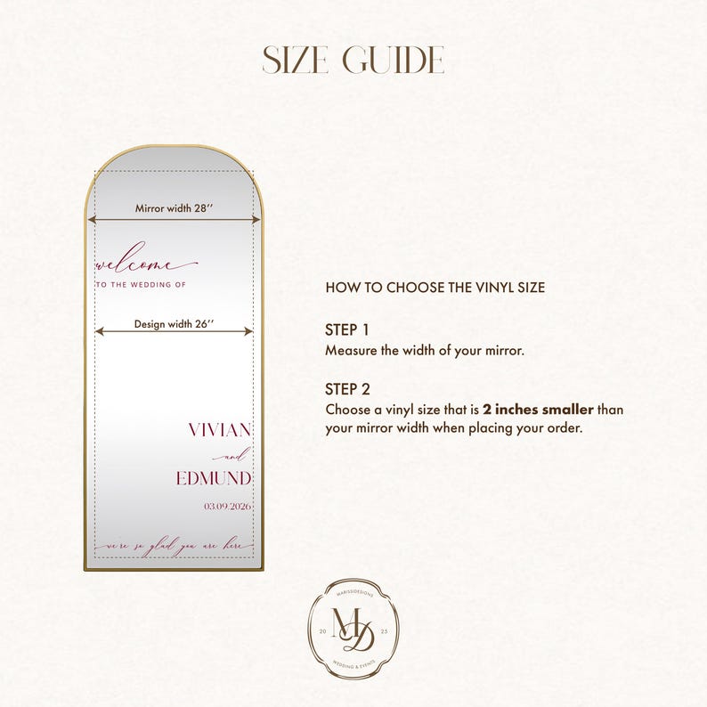 May include: A size guide for a wedding mirror decal. The guide shows a mirror with a 28-inch width and a design width of 26 inches. Instructions are provided on how to choose the vinyl size, with the names Vivian and Edmund and the date 03.09.2026.
