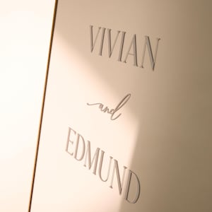 May include: A light-colored surface with the names "Vivian" and "Edmund" in elegant, raised lettering. The word "and" is written in a cursive script between the names. The overall design is simple and sophisticated.