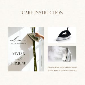 K&ouml;nnte beinhalten: Bild mit Pflegehinweisen f&uuml;r ein Hochzeitsschild. Der Text lautet "CARE INSTRUCTION" und "GENTLY IRON WITH A REGULAR OR STEAM IRON TO REMOVE CREASES." Es gibt Bilder von B&uuml;geleisen.