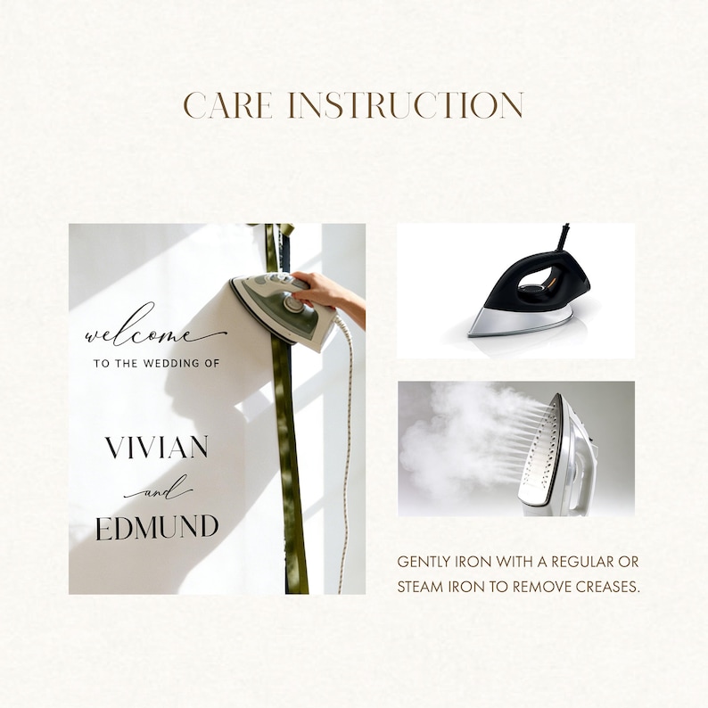 K&ouml;nnte beinhalten: Bild mit Pflegehinweisen f&uuml;r ein Hochzeitsschild. Der Text lautet "CARE INSTRUCTION" und "GENTLY IRON WITH A REGULAR OR STEAM IRON TO REMOVE CREASES." Es gibt Bilder von B&uuml;geleisen.