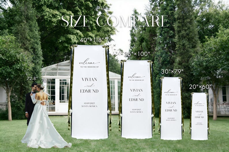 K&ouml;nnte beinhalten: Hochzeitsschilder in verschiedenen Gr&ouml;&szlig;en, darunter 101.6cm x 299.7cm, 88.9cm x 254cm, 76.2cm x 200.7cm und 50.8cm x 152.4cm. Jedes Schild zeigt die Namen Vivian und Edmund, das Hochzeitsdatum und den Ort. Die Schilder befinden sich im Freien.
