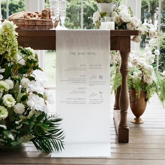 Linen Bar Menu Sign, Custom Wedding Drink Banner, Elegant Cocktail Sign, Rustic Garden Decor