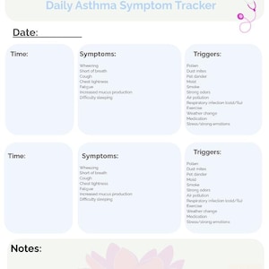 PDF Printable for Daily Asthma Symptom Tracking  8.5 x 11 printable l asthma symptom tracking