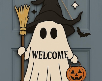 May include: A Halloween door decoration depicting a ghost in a witch's hat, holding a broom and a pumpkin lantern. The word "WELCOME" is printed on the ghost. A bat and star are also included in the design.
