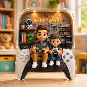 May include: A decorative gaming-themed display featuring a father and son holding controllers. The display is shaped like a game controller with a shelf inside. The shelf has miniature arcade games and the text "Dad - John".