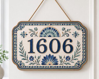 Targa personalizzata con numero civico, targa con indirizzo a mosaico blu, decorazione mediterranea da appendere alla porta, decorazione personalizzata per l'ingresso del portico, idea regalo per la decorazione della parete del portico.