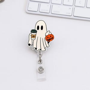 Halloween Ghost Badge Reel, Spooky Cute Coffee Ghost ID Holder, Retractable Badge Topper for Nurse, Funny Halloween ID Holder