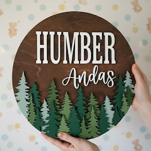 Puede incluir: Un letrero redondo de madera con el nombre "HUMBER Andas" en letras blancas. El letrero presenta una escena de bosque con árboles verdes en capas. El fondo es una pared clara con un patrón repetido de ositos de peluche y lunares.
