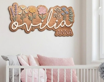 Gepersonaliseerde naambordje wilde bloemen, bloemen kinderkamerdecor, 3D houten bord babynaam, bloemen kindernaambordje, boho decoratie babymeisje kamer