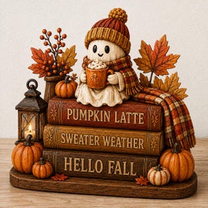 Peut inclure: Une figurine décorative représentant un fantôme portant un bonnet et une écharpe en tricot, tenant une tasse avec un motif de citrouille. Le fantôme est assis sur trois livres intitulés PUMPKIN LATTE, SWEATER WEATHER et HELLO FALL, avec des citrouilles.