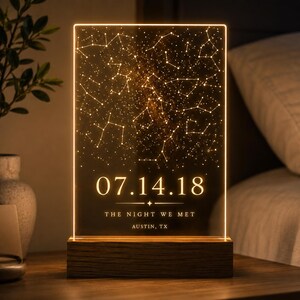Puede incluir: Una luz nocturna rectangular de acrílico con un mapa estelar brillante del cielo nocturno. La pantalla muestra la fecha 07.14.18, el texto THE NIGHT WE MET y la ubicación AUSTIN, TX. El panel acrílico está montado sobre una base de madera oscura.