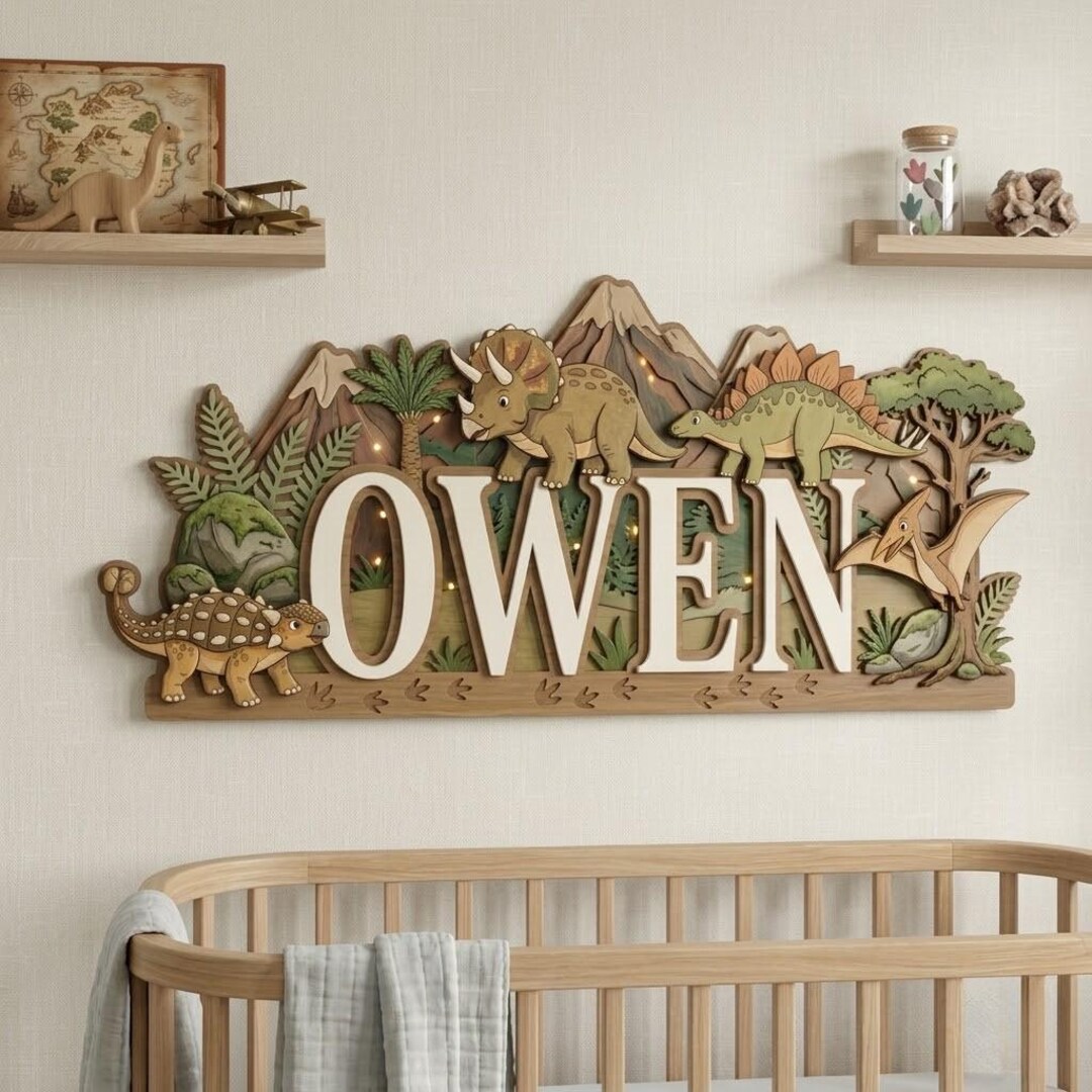 Personalized Dinosaur Name Sign, Custom 3D Wood Dino Nursery Decor, T ...