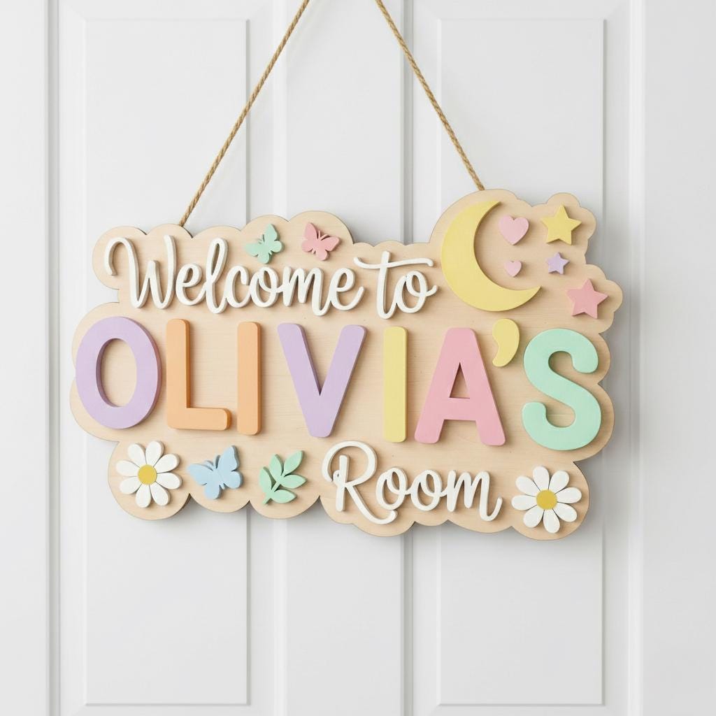 Personalized Girl Door Sign, Nursery Name Sign, Custom Pastel Wall Sign, Kids Bedroom Wooden Sign, Girls 3D Welcome Sign, Birthday Gifts