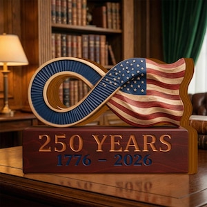 May include: A wooden sculpture featuring an infinity symbol with a carved American flag design. The base reads "250 YEARS 1776-2026" in gold lettering. The sculpture is made of wood and has a patriotic theme.