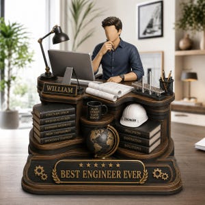 May include: A desk figurine featuring a faceless figure at a computer with a lamp, books titled Structural Design, Mechanical Systems, Engineering Mathematics, Project Management, Innovation & Technology, Precision, Innovation, Solutions, a globe, a white hard hat labeled ENGINEER, a bridge model, and a plaque reading WILLIAM and BEST ENGINEER EVER.