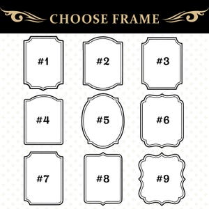 May include: Nine different frame designs are displayed, each with a unique shape and style. The frames are numbered from one to nine, with a black border and a white interior. The text "CHOOSE FRAME" is at the top of the image.