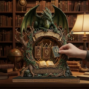 Drakböcker läst i år spårare 2D 2-lagers, fantasy läsloggräknare, gotisk bibliotekshylla dekor present, fantasy bok spårare