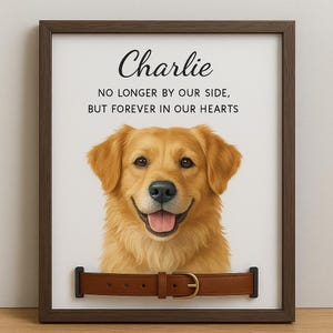 Customized Dog Memorial Frame With Pet Portrait Photo, Remembrance Gift For Loss Pet, Dog Memorial Wood Frame With Collar Holder