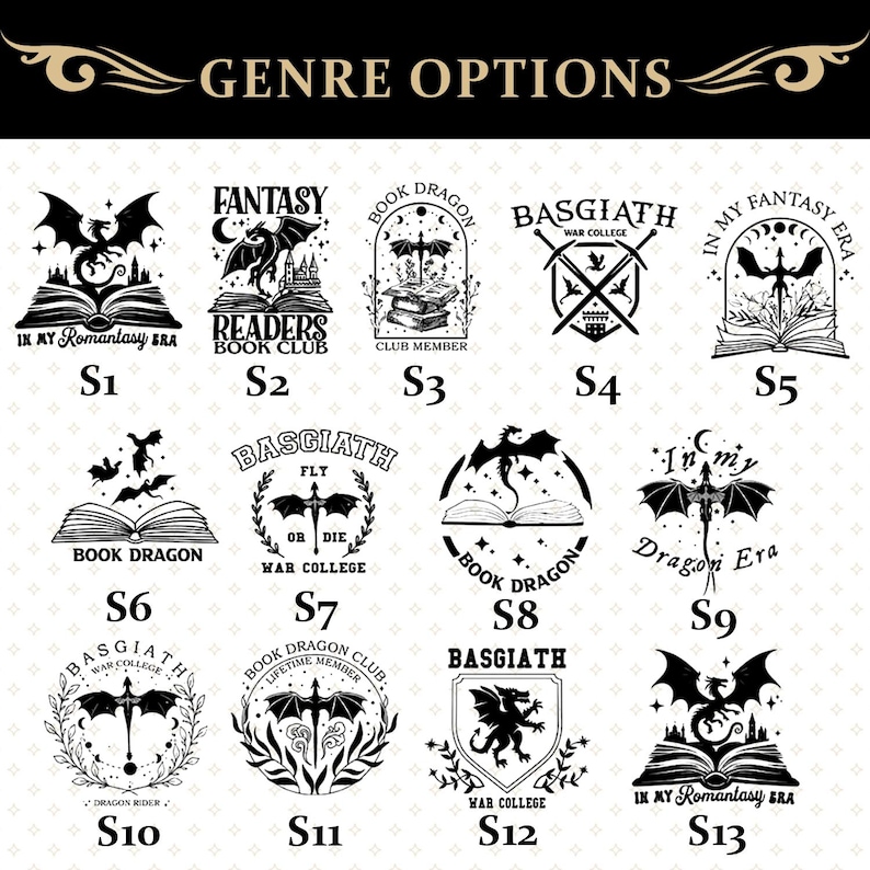 May include: A collection of black and white fantasy-themed designs featuring dragons, books, and text. The designs include phrases like "Book Dragon," "Basgiath War College," and "In My Romantasy Era."