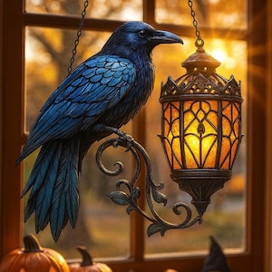 Könnte beinhalten: Ein blauer Rabe sitzt auf einem dekorativen Metallzweig und hält eine Vintage-Laterne. Die Laterne leuchtet warm. Geschnitzte Kürbisse und ein Hexenhut sitzen auf einer Fensterbank, was ein Halloween-Thema ergibt.