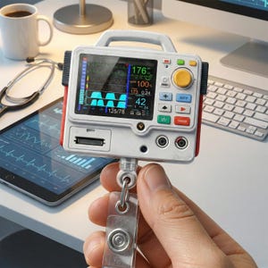 May include: A handheld medical device with a digital display showing vital signs. The device has a white and red casing, a handle, and several buttons. The display shows a heart rate of 176, SpO2 of 100, and other readings.