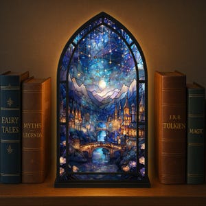 May include: A decorative stained glass panel depicting a fantasy landscape with a bridge, castle, and mountains under a starry night sky. The panel is framed in black and sits on a wooden shelf with hardcover books labeled "Fairy Tales", "Myths & Legends", "J.R.R. Tolkien", and "Magic".