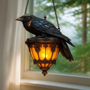 Acryl Gothic Rabe auf Laterne Suncatcher, Halloween Krähe auf Lampenverzierung, Halloween Dekor, schwarzer Rabe Türhänger, Gothic Suncatcher
