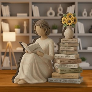 May include: A wooden figurine of a woman reading a book labeled "ANNA." Beside her is a stack of books with floral arrangement on top. The books have Bible verses printed on them. The figurine and books are light brown.