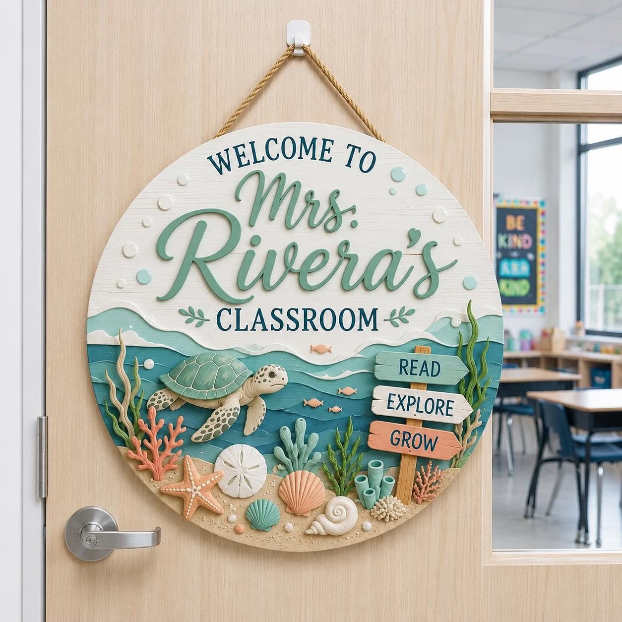 Teacher Door Hanger, Beach Classroom Door Sign, Personalized Teacher Wood Sign, Coastal Classroom Decor, Teacher Gift