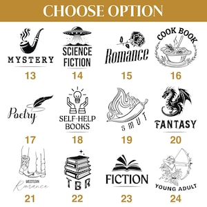May include: A collection of black and white graphic illustrations representing various book genres. The image includes text such as "Mystery", "Science Fiction", "Romance", "Cookbook", "Poetry", "Self-Help Books", "Fantasy", "Fiction", and "Young Adult".