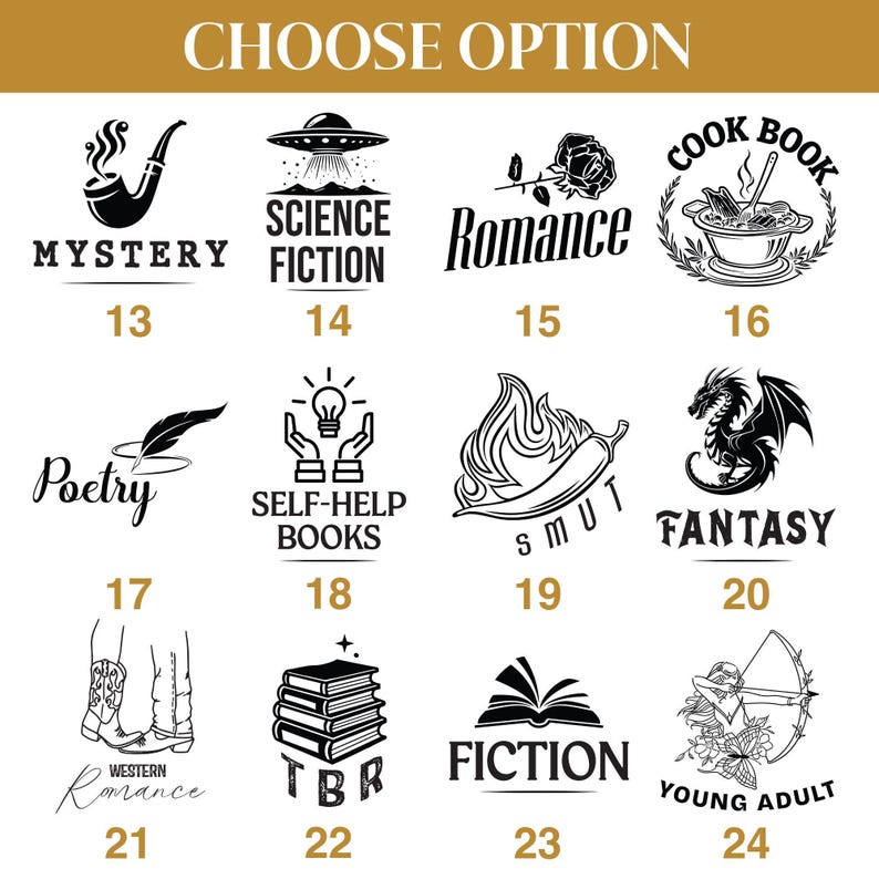 May include: A collection of black and white graphic illustrations representing various book genres. The image includes text such as "Mystery", "Science Fiction", "Romance", "Cookbook", "Poetry", "Self-Help Books", "Fantasy", "Fiction", and "Young Adult".