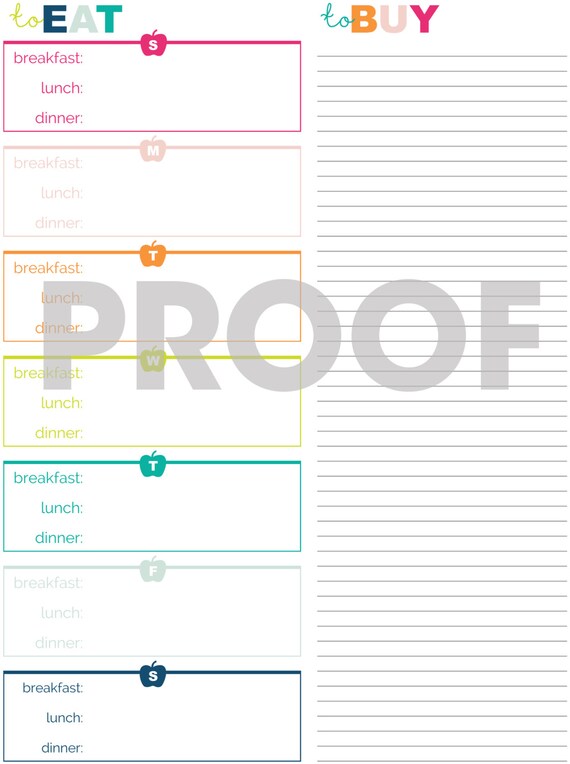 meal planning shopping list printable instant download