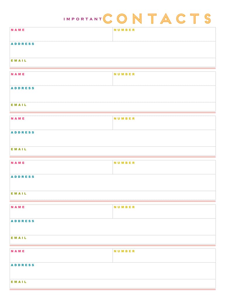 Personal Contact Page Printable INSTANT DOWNLOAD Wonderful Etsy