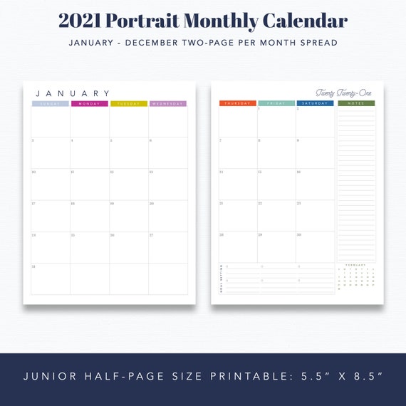 Junior 5.5 X 8.5 12 Month Portrait Calendar Printable 2-page Spread  Prefilled for 2021 INSTANT DOWNLOAD - Etsy