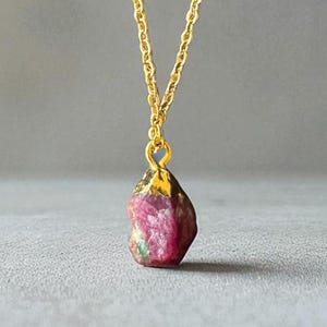 Dainty Ruby Necklace: Raw Electroplated Gemstone Pendant on 18K Gold Plated Chain