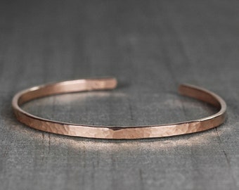 Minimalist Rose Gold Bracelets for Women - Hammered Dainty Gold Cuff with Personalized Engraving - Available in 10K, 14K, or 18K Solid Gold