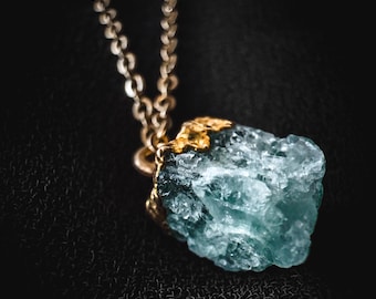 Dainty Aquamarine Necklace: Raw Electroplated Gemstone Pendant on 18K Gold Plated Chain