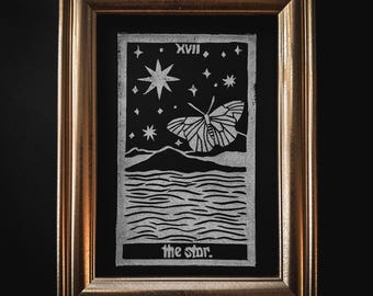 Impresión en bloque de la carta del Tarot de la Estrella: Linograbado tallado a mano de 5x7