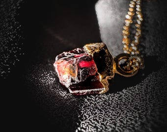 Dainty Garnet Necklace: Raw Electroplated Gemstone Pendant on 18K Gold Plated Chain