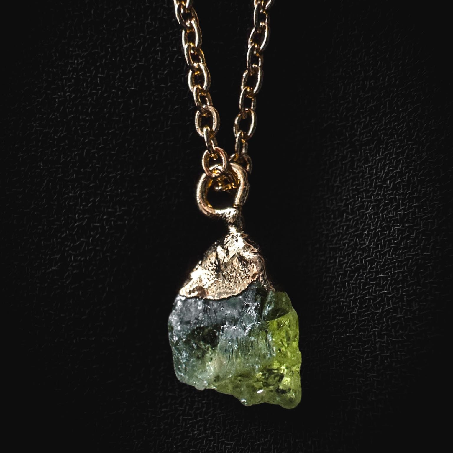 Dainty Peridot Necklace: Raw Electroplated Gemstone Pendant on 18K Gold Plated Chain