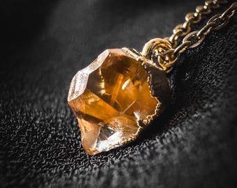 Dainty Citrine Necklace: Raw Electroplated Gemstone Pendant on 18K Gold Plated Chain