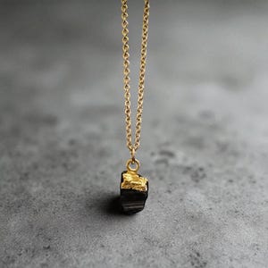 Dainty Black Tourmaline Necklace: Raw Electroplated Gemstone Pendant on 18K Gold Plated Chain