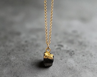 Dainty Black Tourmaline Necklace: Raw Electroplated Gemstone Pendant on 18K Gold Plated Chain