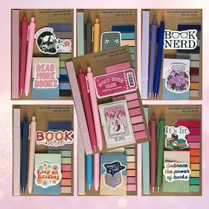 May include: A collection of stationery sets for book lovers, featuring pens, sticky notes, and decorative stickers. The sets include various colors and designs, with phrases like "Read More Books" and "Book Nerd".