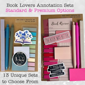May include: Two book annotation sets with pens, sticky notes, and stickers. One set has blue and green pens, a floral sticker, and the text "Books are Magical." The other set has pink pens and the text "The Book Was Better."